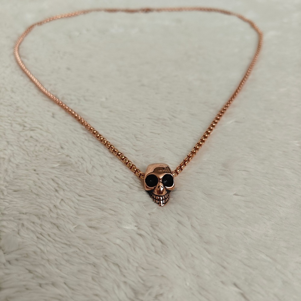 Steeltime Rose Gold Tone Stainless Steel Skull Pendant Box Chain Necklace 12"